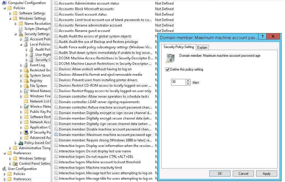 Windows security settings. Computer configuration. Политики domain member. Configuration\Policy\Windows settings\Security settings\file System. Maximum password age указывает.